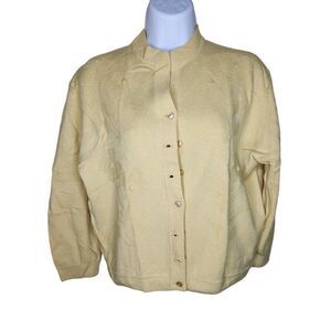 Vintage 50s Bernhard Altmann Cashmere Cardigan Sweater Womens L Yellow Pinup Cla